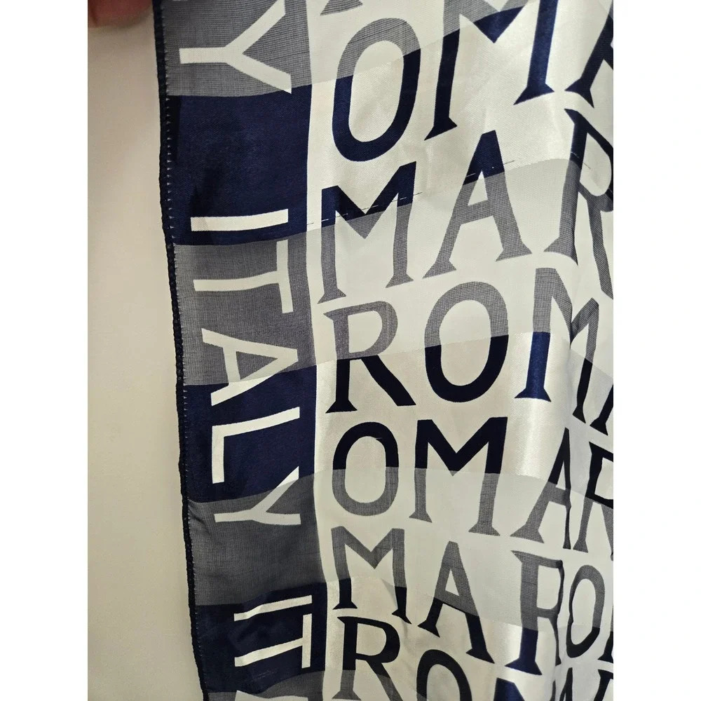Vintage Roma Italy Souvenir Square Scarf Navy Blue White Typographic Print 38x38